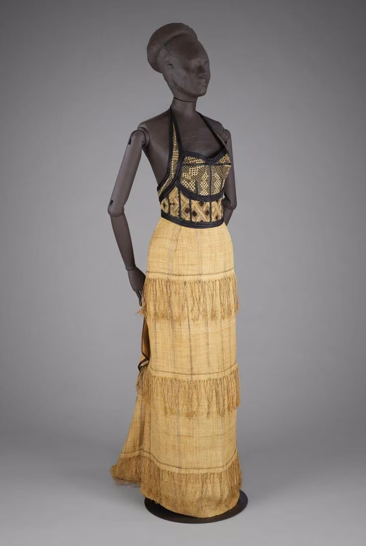 Kuba-cloth bustier and raffia skirt, Alphadi, 1993