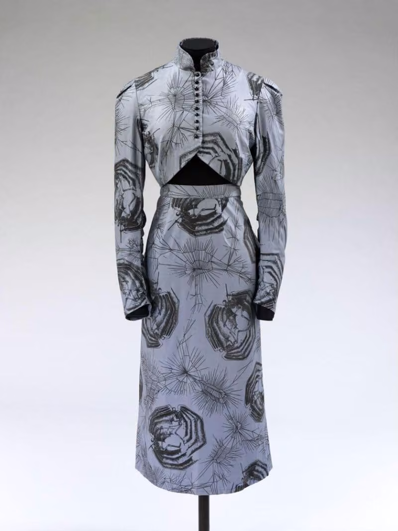 Skeleton-print skirt suit, Sarah Whitworth for New Masters, 1983