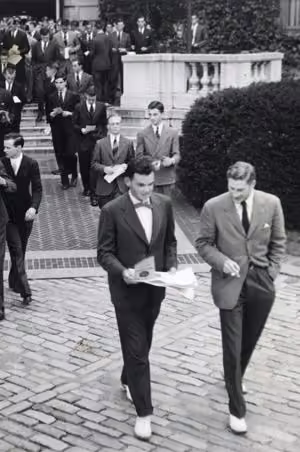 Yale students leaving a university building, Photographer and clothing makers not identified in the exhibition caption, 1950s
