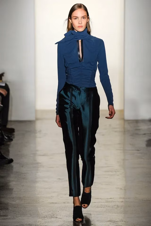 Blue zip-neck top and dark trousers, Costello Tagliapietra, Fall 2014