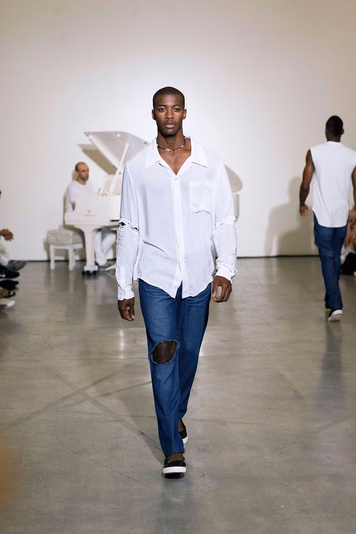 White shirt and reconstructed jeans, Telfar, Spring 2015 Ready-to-Wear (shown 2014)