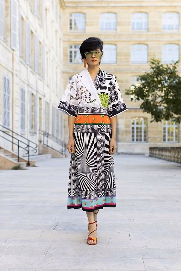 Printed scarf-cut dress in a colourful 1970s-inspired silhouette — Bernard Chandran