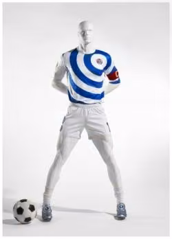 Blue-and-white sportswear ensemble on mannequin with football — Dirk Bikkembergs