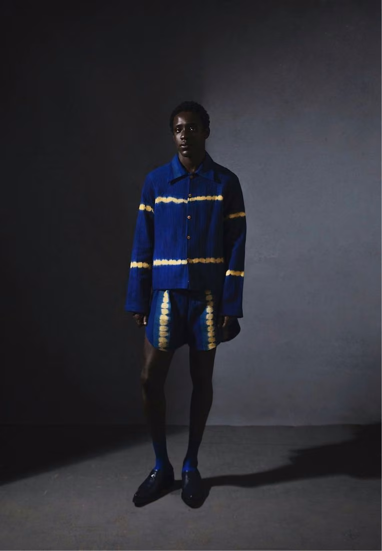 Blue woven shirt and shorts with yellow horizontal stripes — Emmanuel Okoro