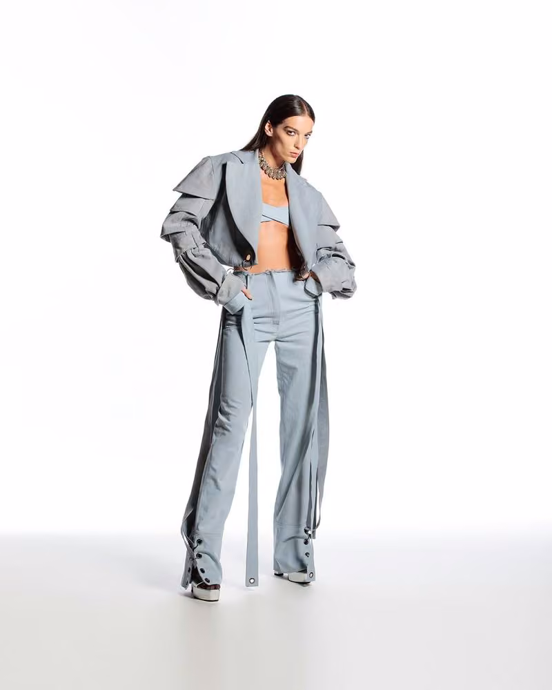 Grey cropped sculptural jacket and wide-leg tailored trousers — Hussein Bazaza