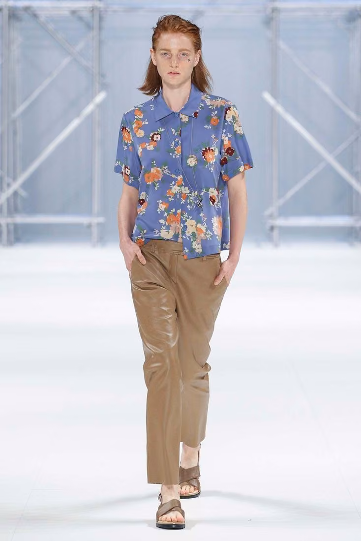 Blue printed shirt with cropped tan trousers — Look 1 — Kate Sylvester
