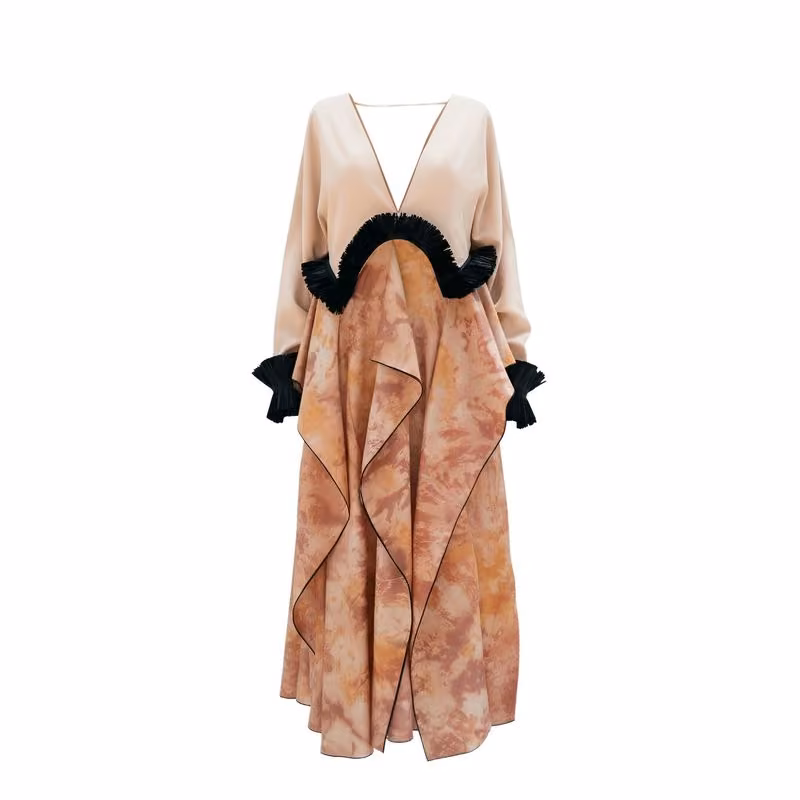 Halo Dress in contrasting linen panels with raffia fringe — Loza Maléombho