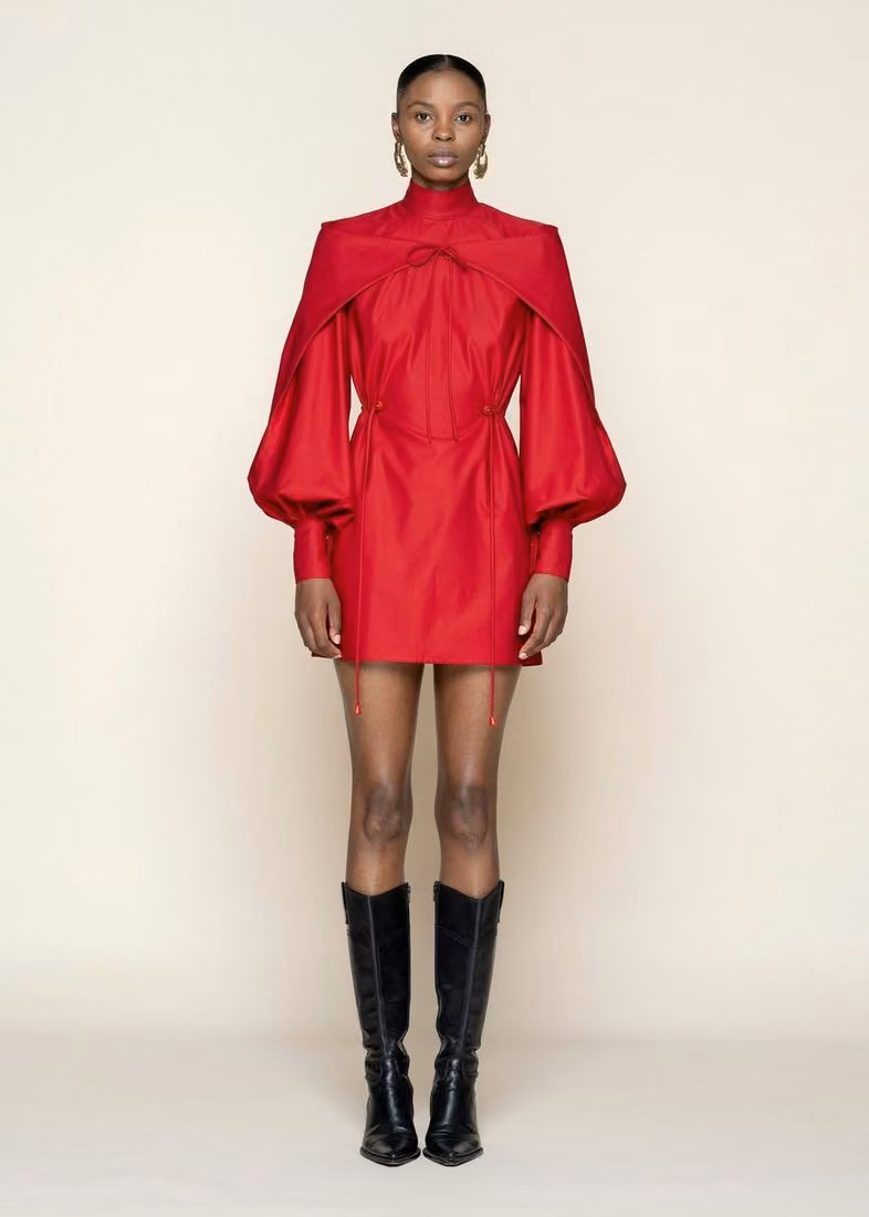 Bishop Sleeve Dress in red cotton — Mmuso Potsane & Maxwell Boko