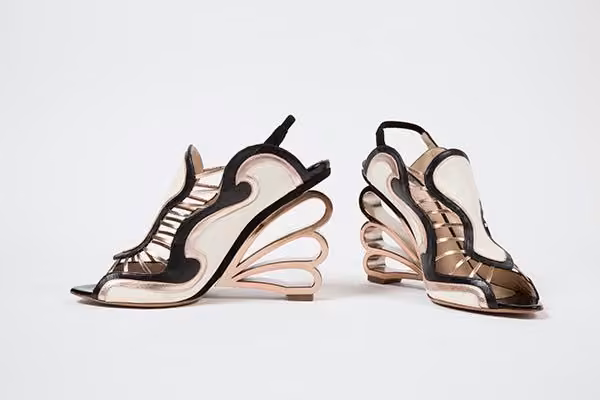 Wave-design slingback wedge sandals in ivory, black and gold — Nicholas Kirkwood