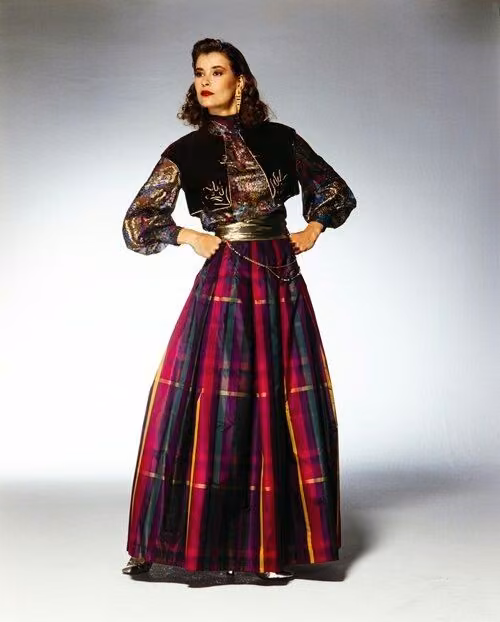 Evening ensemble with plaid full skirt and patterned blouse — Riitta Immonen