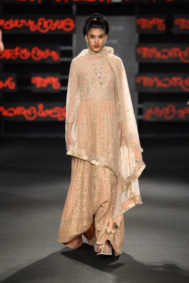 Embellished beige tunic, trousers and draped scarf — Ritu Kumar
