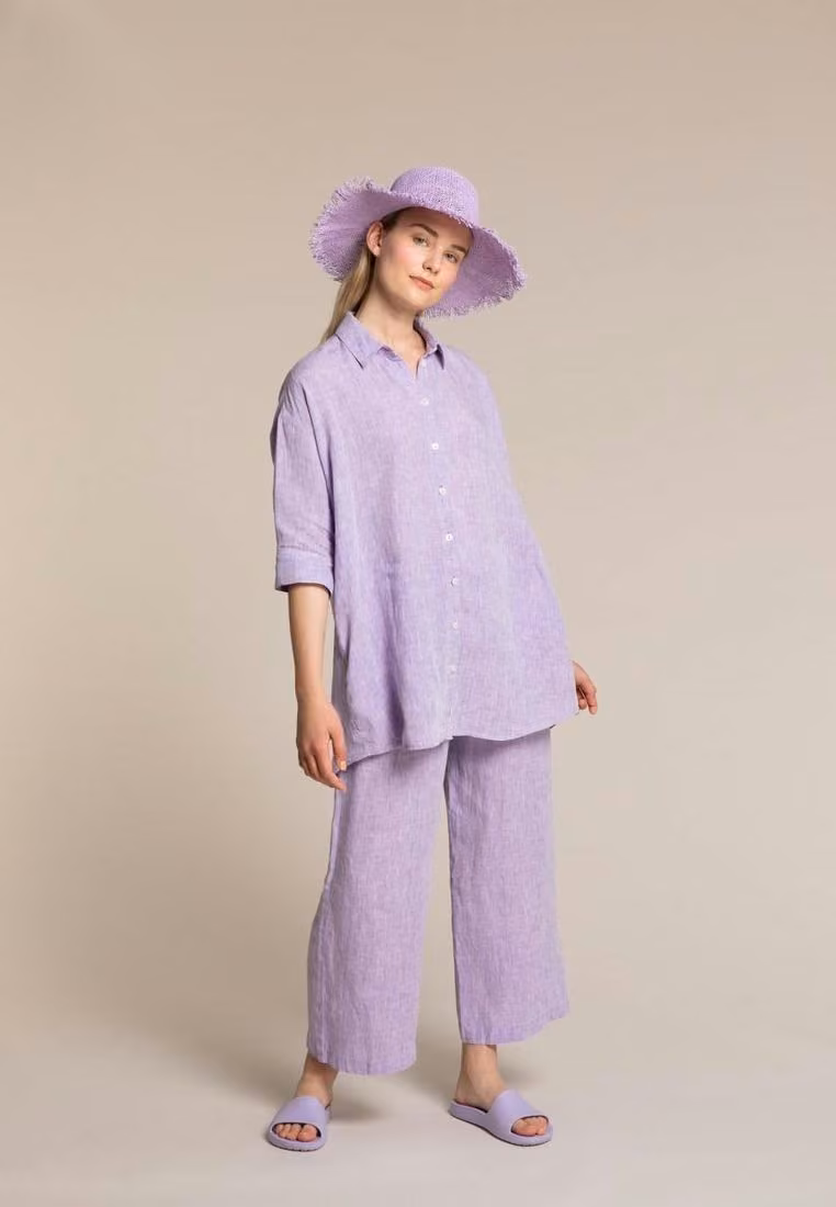Lavender shirt and wide trousers with matching hat — Ritva Falla