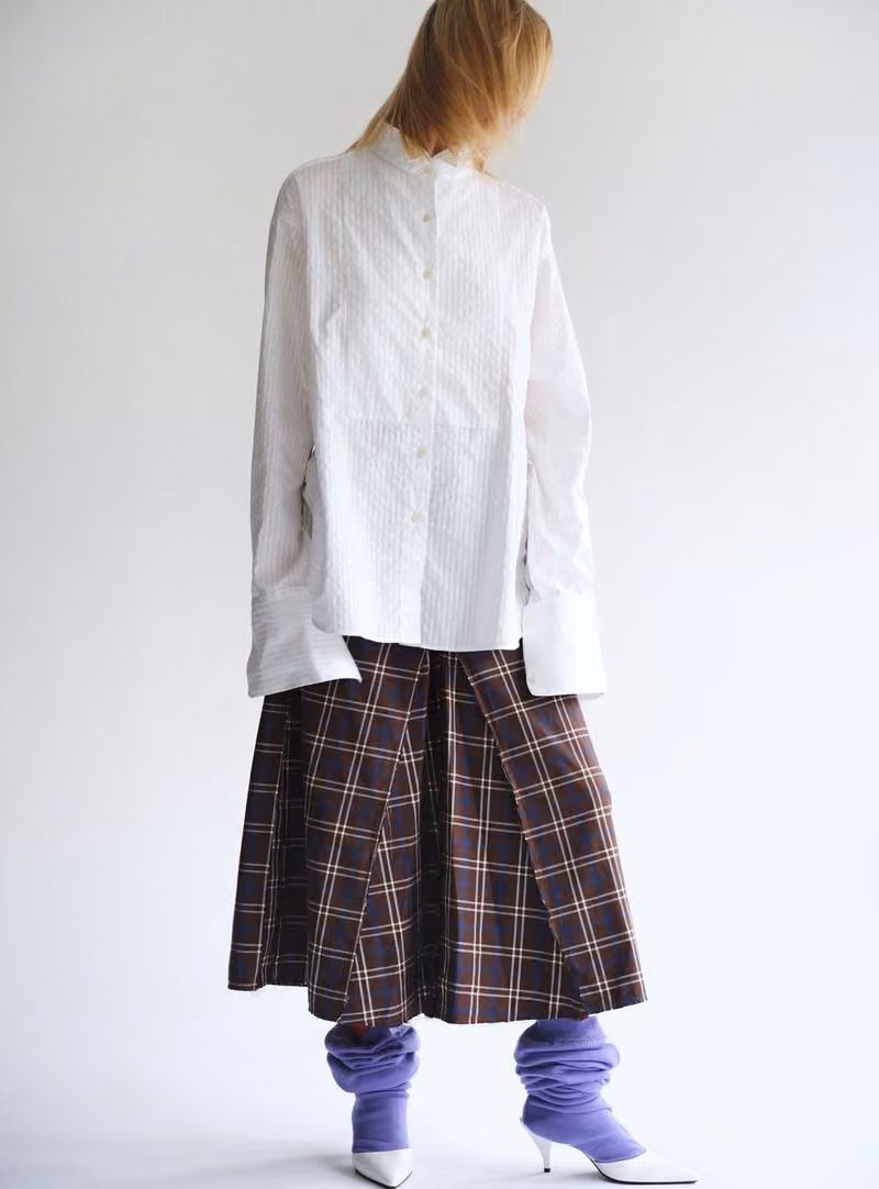 White shirt and checked midi skirt — Talia Byre