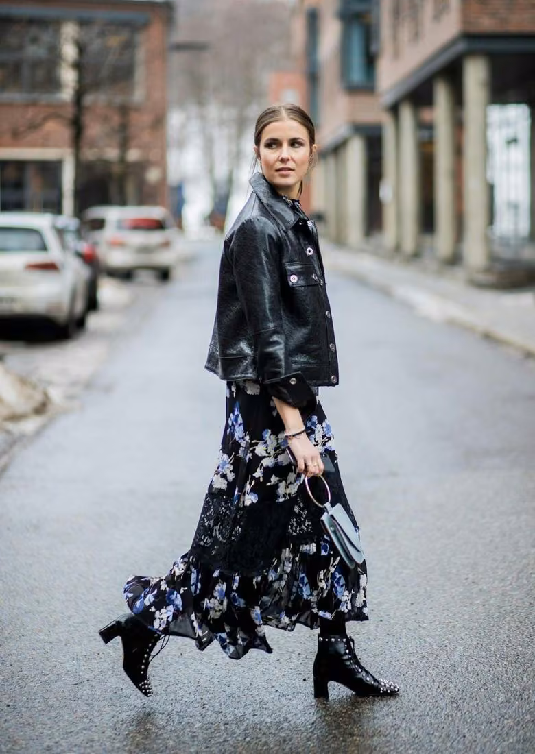 Floral byTiMo dress worn with a black leather jacket — Tine Mollatt