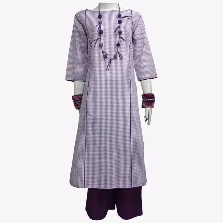 Purple & White Check Boat Neck Midi Tunic with Pockets — Bibi Russell, Date not documented