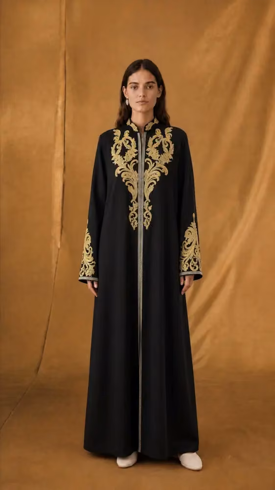 Chinese Collar Abaya - Yellow Sequin Bead Lace — Hessa Al Falasi, Date not documented