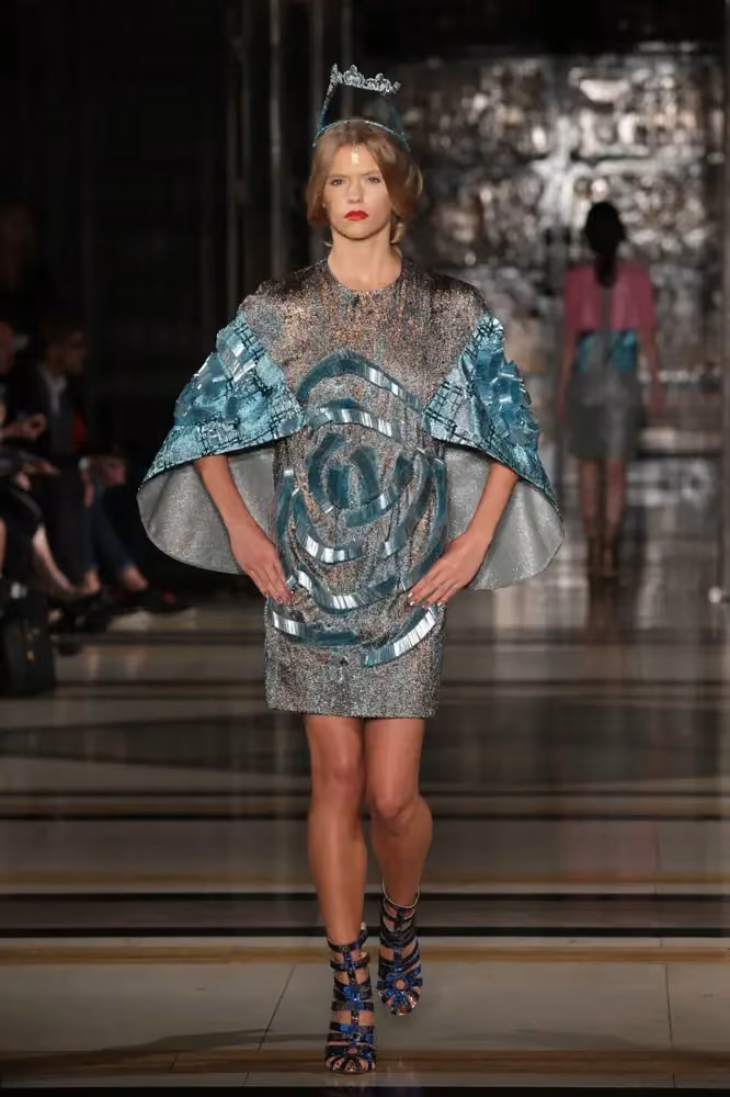 Turquoise dress with circular beaded cape — Bernard Chandran, Spring/Summer 2014
