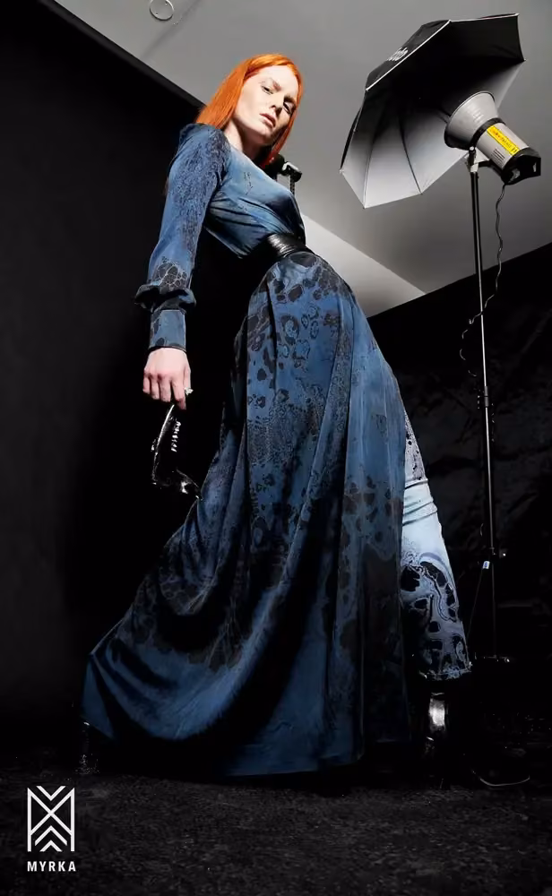 Blue patterned gown with flared cuffs — Harpa Einarsdóttir, Date not individually documented