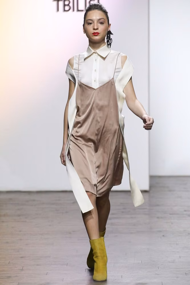 Taupe slip dress over white shirting — George Pantsulaia, Tbilisi Spring 2017