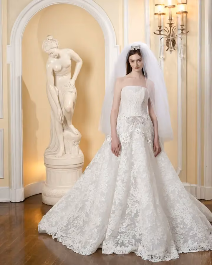 Full-skirted floral bridal gown — Reem Acra, Spring 2025