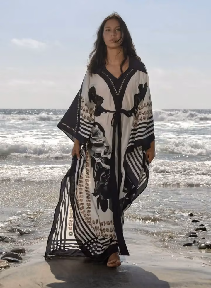Black-and-white caftan — Jamie Okuma, September 2025