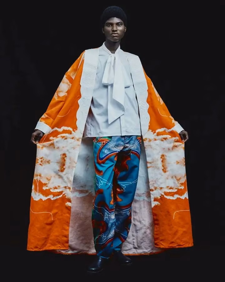 Orange-and-white coat over printed trousers — Adebayo Oke-Lawal, Presented 2024