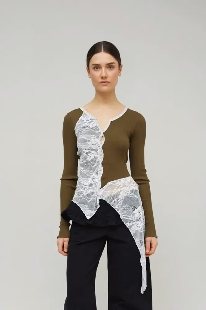 Constanza Seamless Top in olive with asymmetric white lace — Stephanie Gundelach, Date not documented