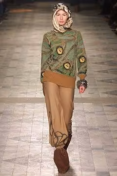 Patterned green knit and tan trousers — Marjan Pejoski, Fall 2002 Ready-to-Wear