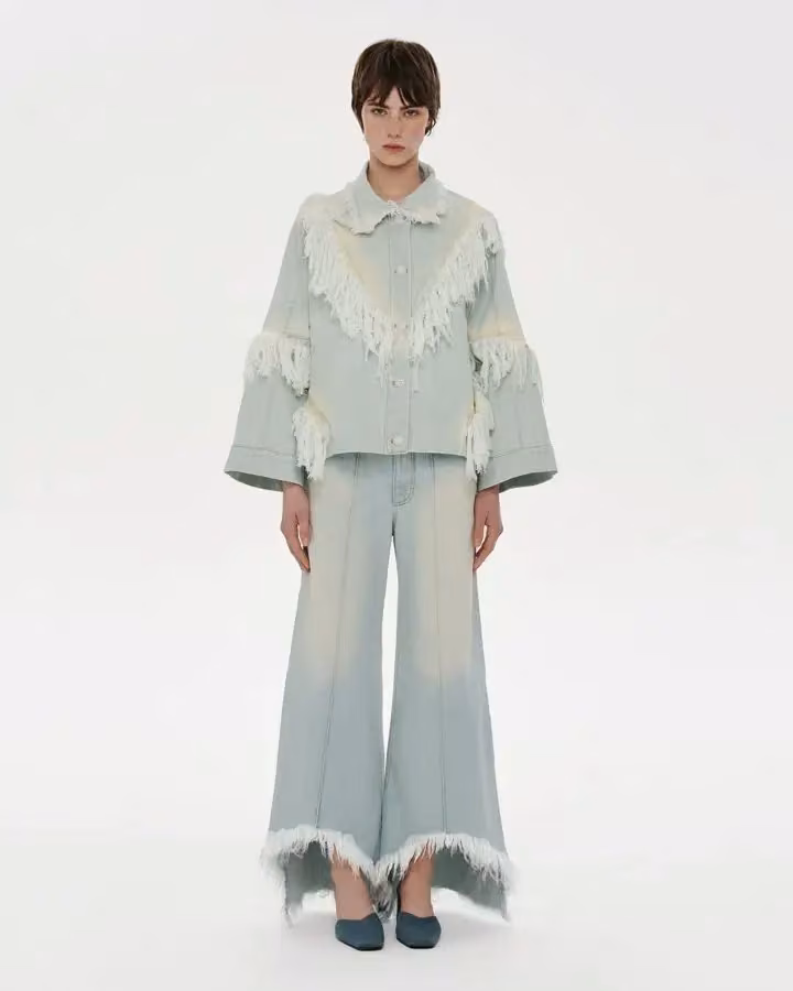 Fringed pale denim ensemble — Ksenia and Anton Schnaider, Autumn/Winter 2024