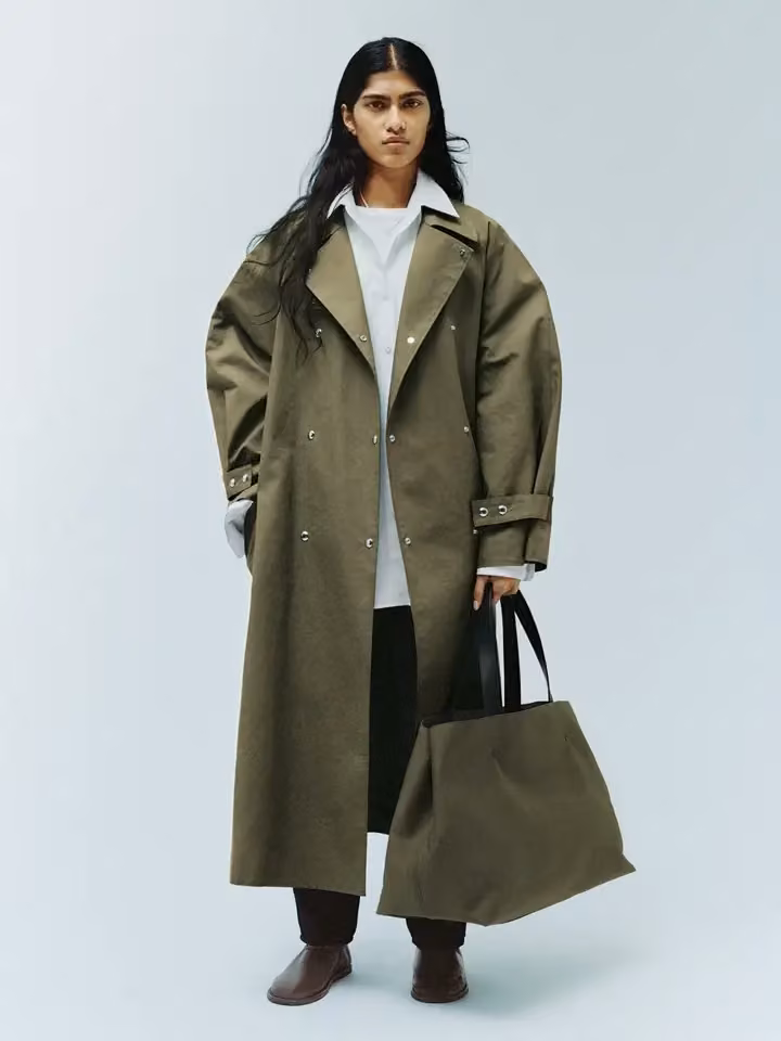 ARKET olive raincoat and trousers — Ella Soccorsi, Autumn/Winter 2024