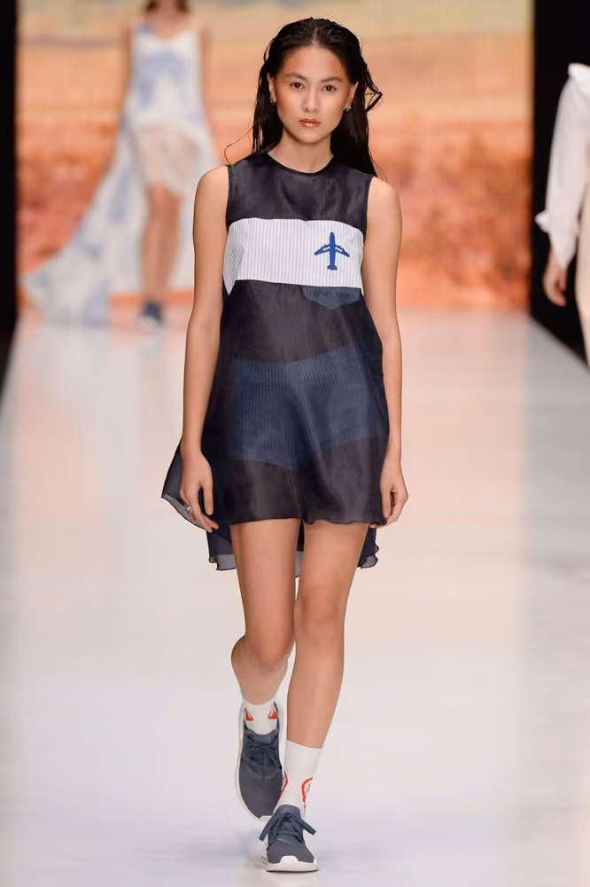 Sheer paneled dress with aircraft motif by Dasha Gauser, Russia Spring 2017.