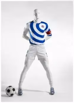 Blue-and-white sportswear ensemble on mannequin with football — Dirk Bikkembergs, Autumn/Winter 2005–06