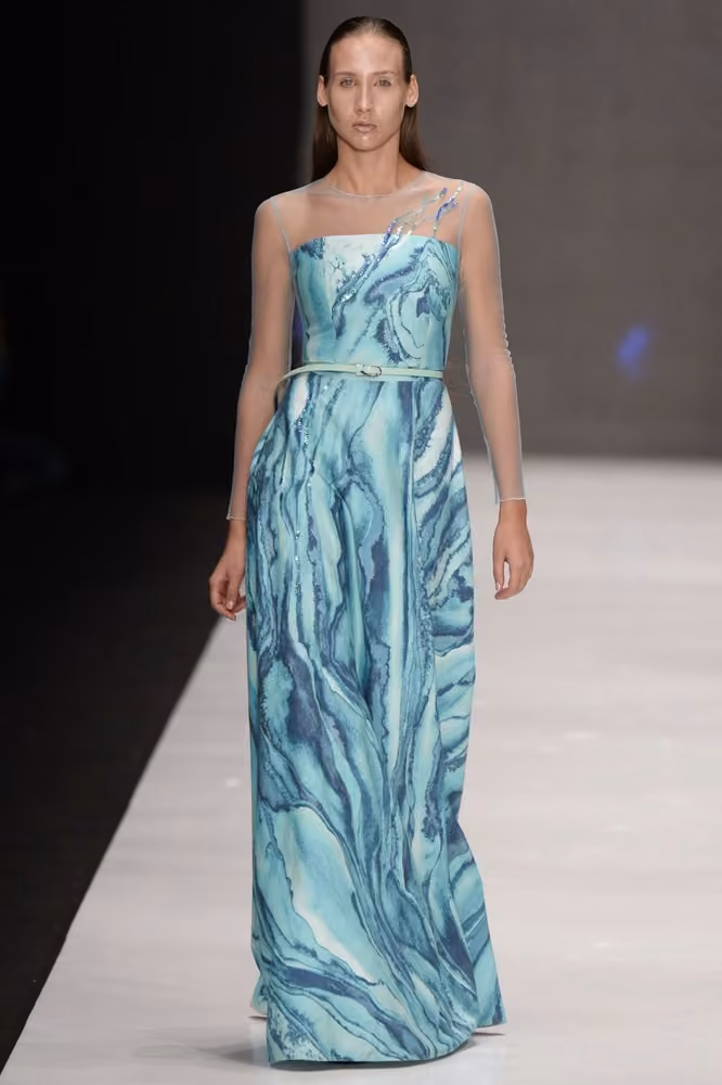 Blue printed strapless gown — Ksenia Knyazeva, Russia Spring 2017