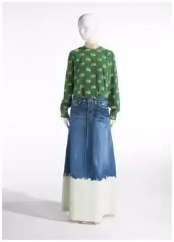 Green printed top and long denim skirt — Dirk Van Saene, Spring/Summer 2020