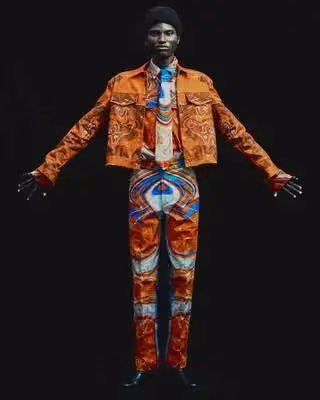 Orange cropped jacket and psychedelic patterned shirt, trousers and tie — Adebayo Oke-Lawal, Presented in 2024