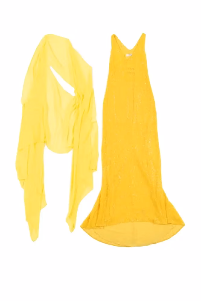 Yellow sequinned floor-length tank dress and georgette shawl — Carla Zampatti, 2019