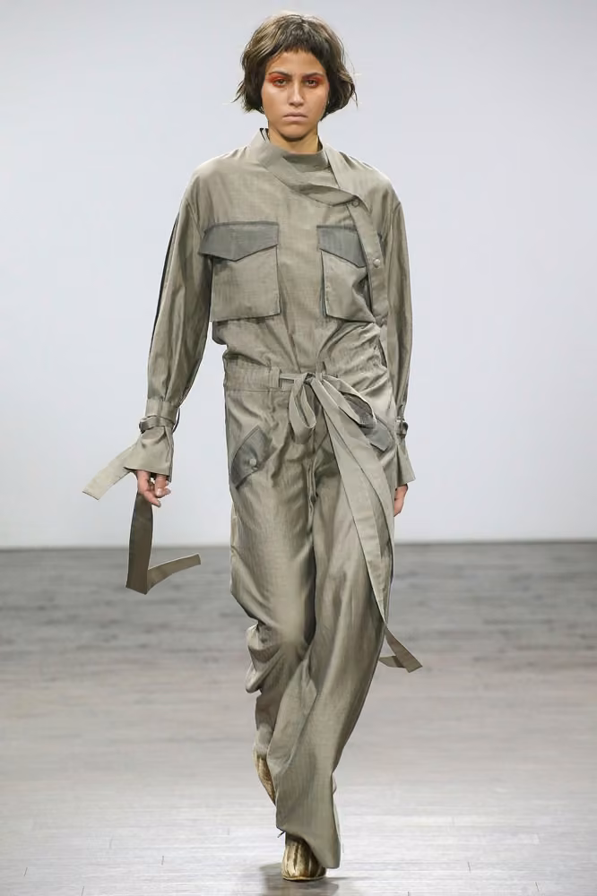 Olive tied shirt and flowing trousers — Nino Babukhadia, Tbilisi Spring 2017