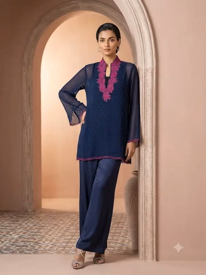 Navy tunic with bright neckline embroidery — Maheen Khan, Date not documented