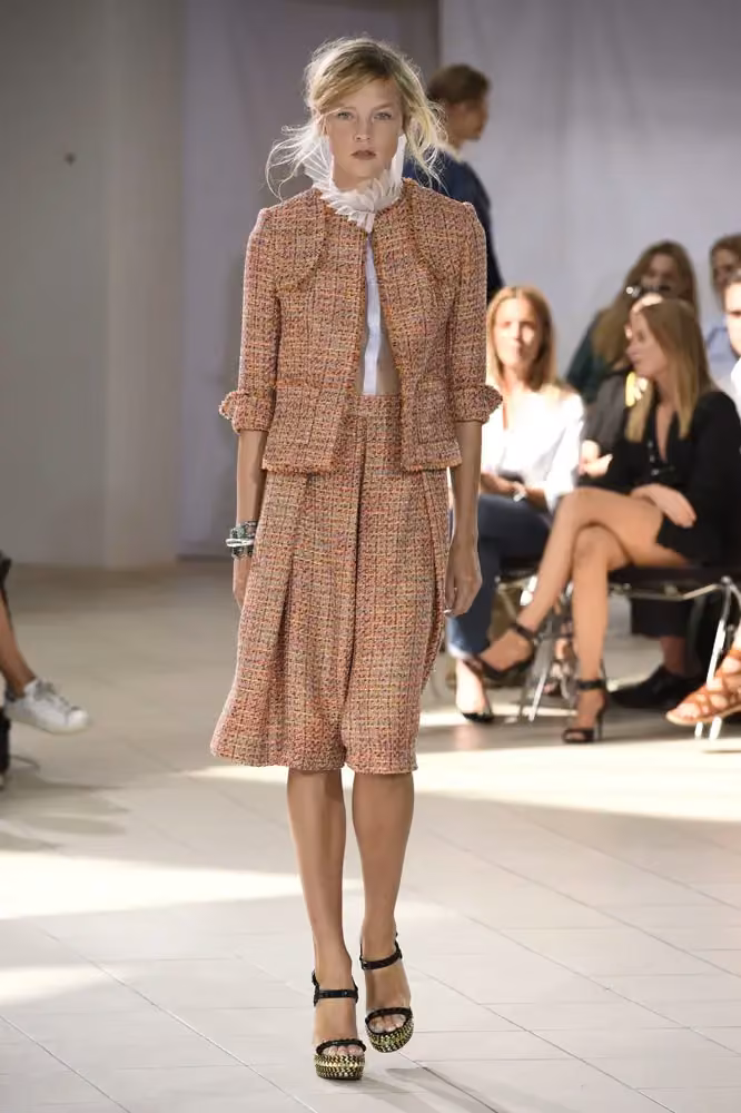 Coral tweed skirt suit with neck ruff — Ole Yde, Spring/Summer 2016