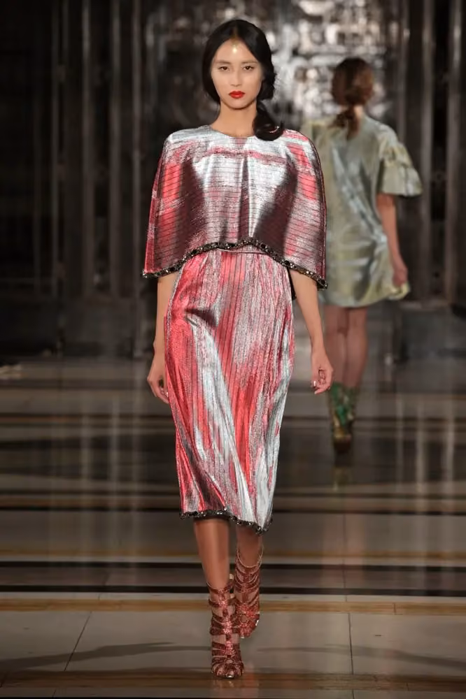Striped metallic cape-sleeve dress — Bernard Chandran, Spring/Summer 2014