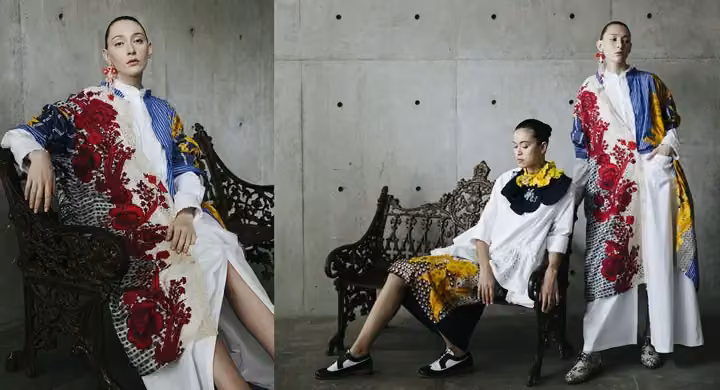 White ensemble with a red floral cape — Biyan Wanaatmadja, Spring/Summer 2021