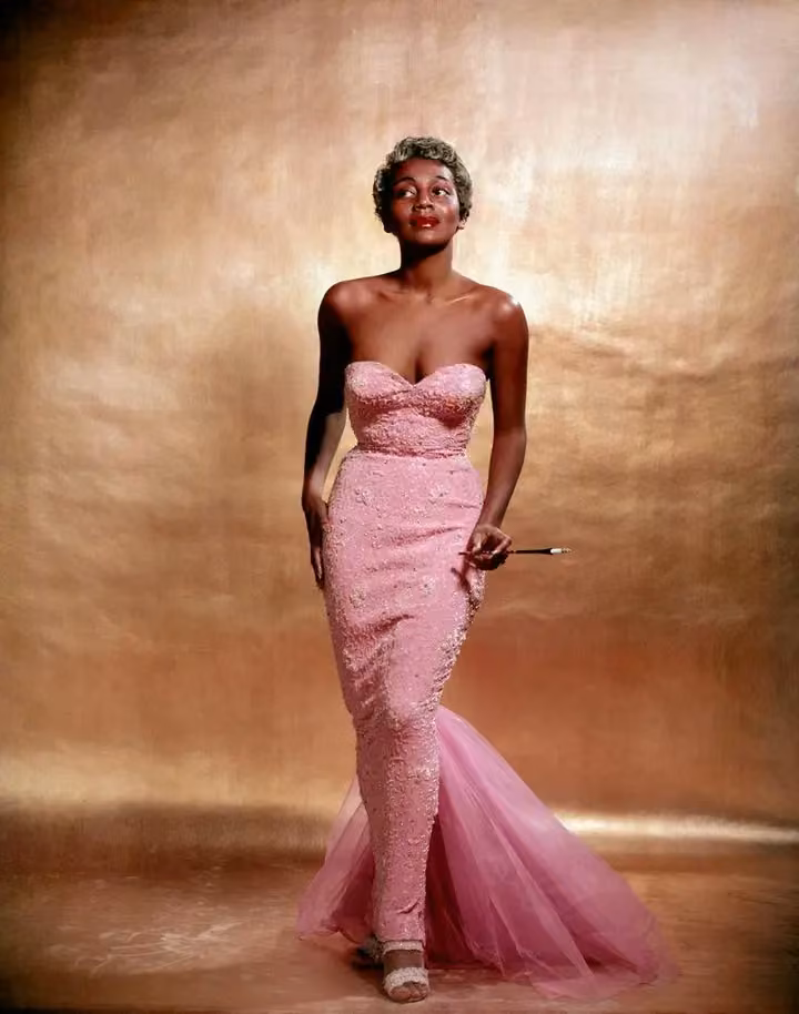 Pink beaded mermaid gown worn by Joyce Bryant — Zelda Wynn Valdes, Photographed 1954