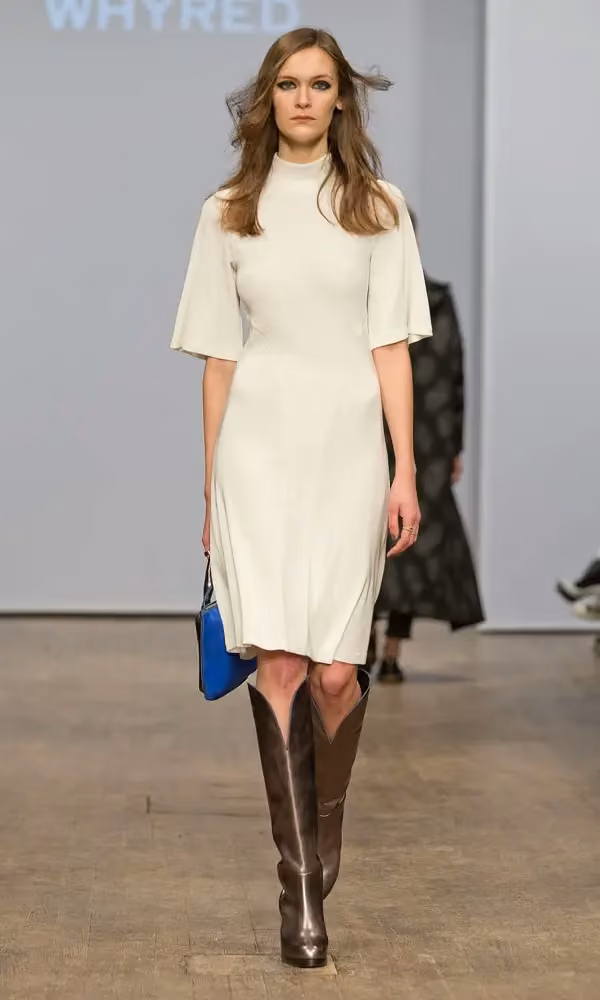 White shift dress with blue trim — Roland Hjort, Autumn/Winter 2014