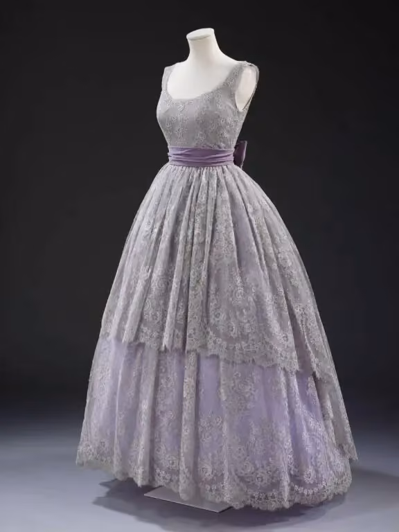 Lilac lace evening gown, probably by Geneviève Fath — Geneviève Fath, 1957