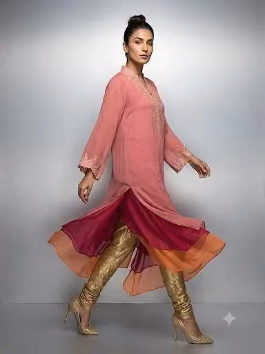 Pink tunic with layered contrast hem — Maheen Khan, Date not documented