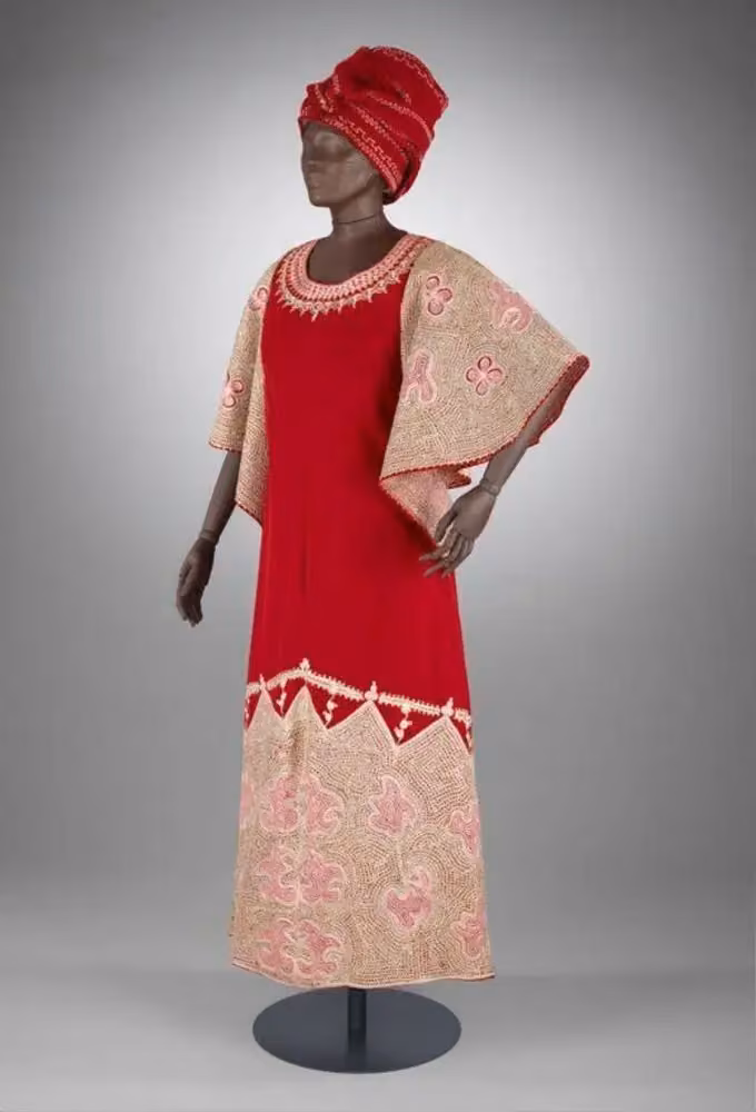 Red velvet dress and gèlè-style hat — Shade Thomas-Fahm, 1977