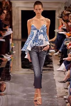 Blue patterned top and cropped trousers by Warren Noronha, Spring 2003 Ready-to-Wear.