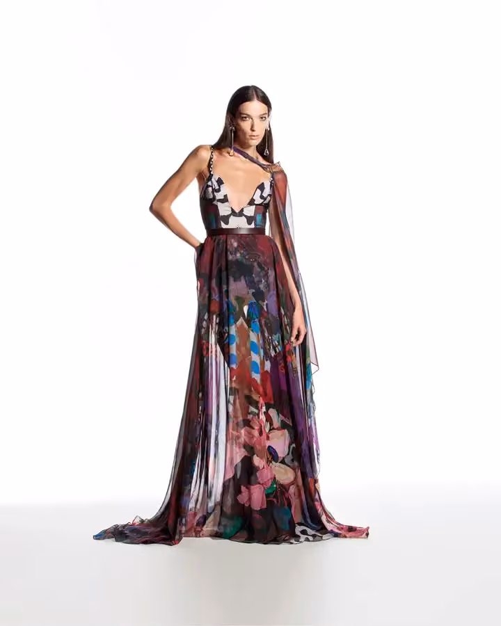 Long multicoloured printed evening dress — Hussein Bazaza, Date not documented