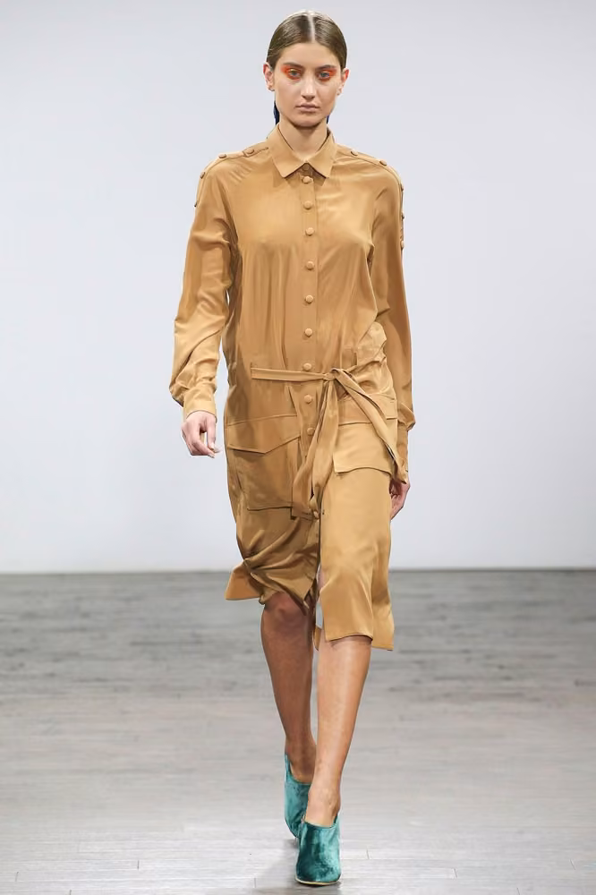 Tan belted shirtdress — Nino Babukhadia, Tbilisi Spring 2017