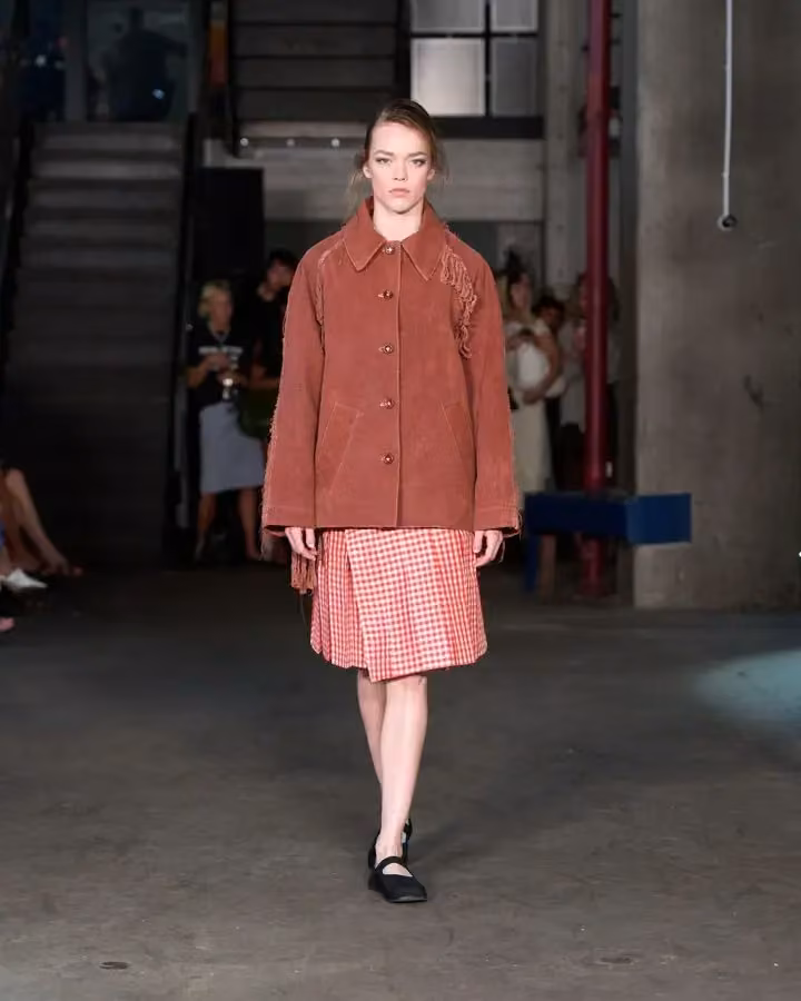 Ganni × Stem — Rust jacket and striped shorts — Sarah Brunnhuber, August 2026
